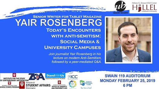 
Talk by Yair Rosenberg, Monday, February 25, 2019, SWAIN 119 Auditorium, 6pm